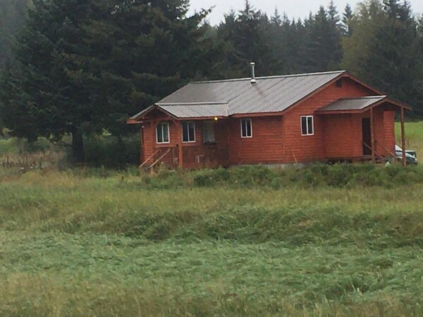 A red wooden cabin with a metal roof, surrounded by a grassy field and dense forest.