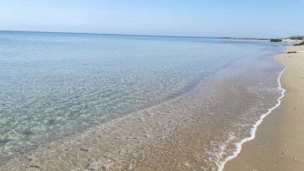 Una playa con aguas claras y poco profundas y una orilla arenosa.