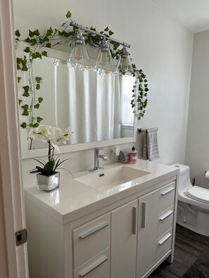 Combined shower/bathtub, hair dryer, towels, soap