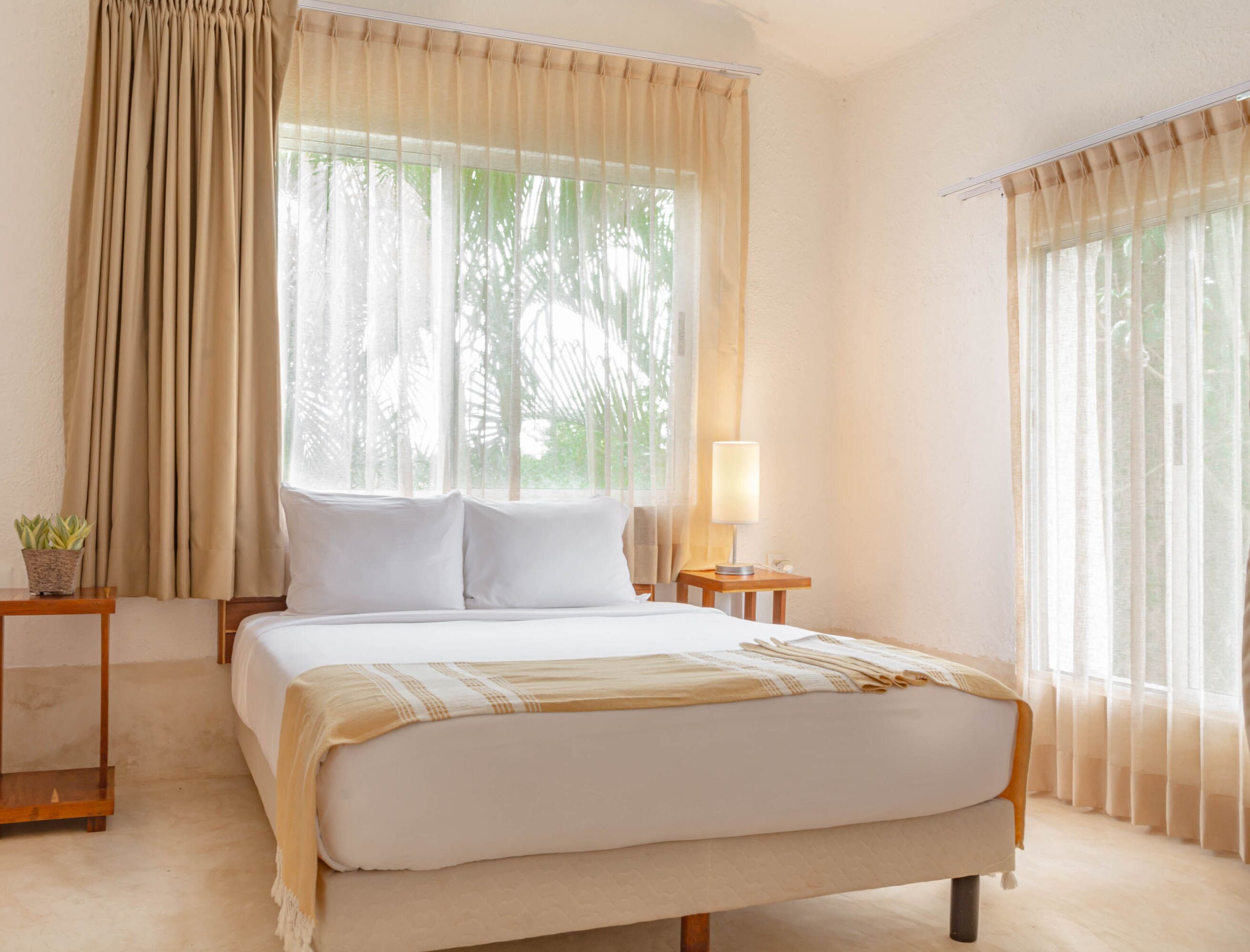 Una cama bien hecha con una colcha blanca y almohadas, una mesita de noche con una lámpara y una planta en maceta.
