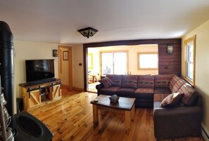 Smart TV, fireplace, books, computer monitors