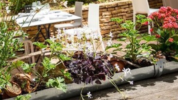 Ein hölzernes Schild mit der Aufschrift 'L'OUVERRE' in einer Gartenanlage mit Außenplätzen und verschiedenen Pflanzen.