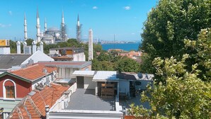 A view of a cityscape with a prominent mosque with multiple minarets, a body of water, and surrounding residential buildings. - Redamancy Hotel (Istanbul)