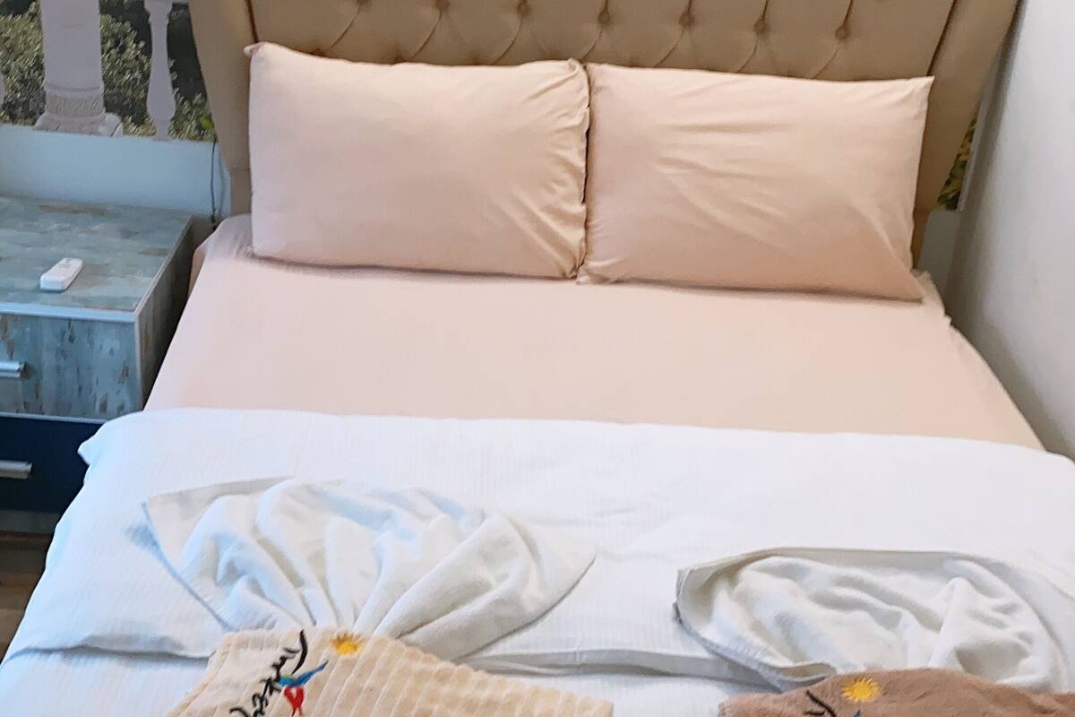 A bed with a beige headboard and two pillows, a bedside table with a phone, and a view of the sea and mountains through a window.