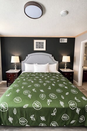 Un dormitorio con una cama, dos mesitas de noche, una lámpara de noche, un cuadro en la pared y un aplique de techo.