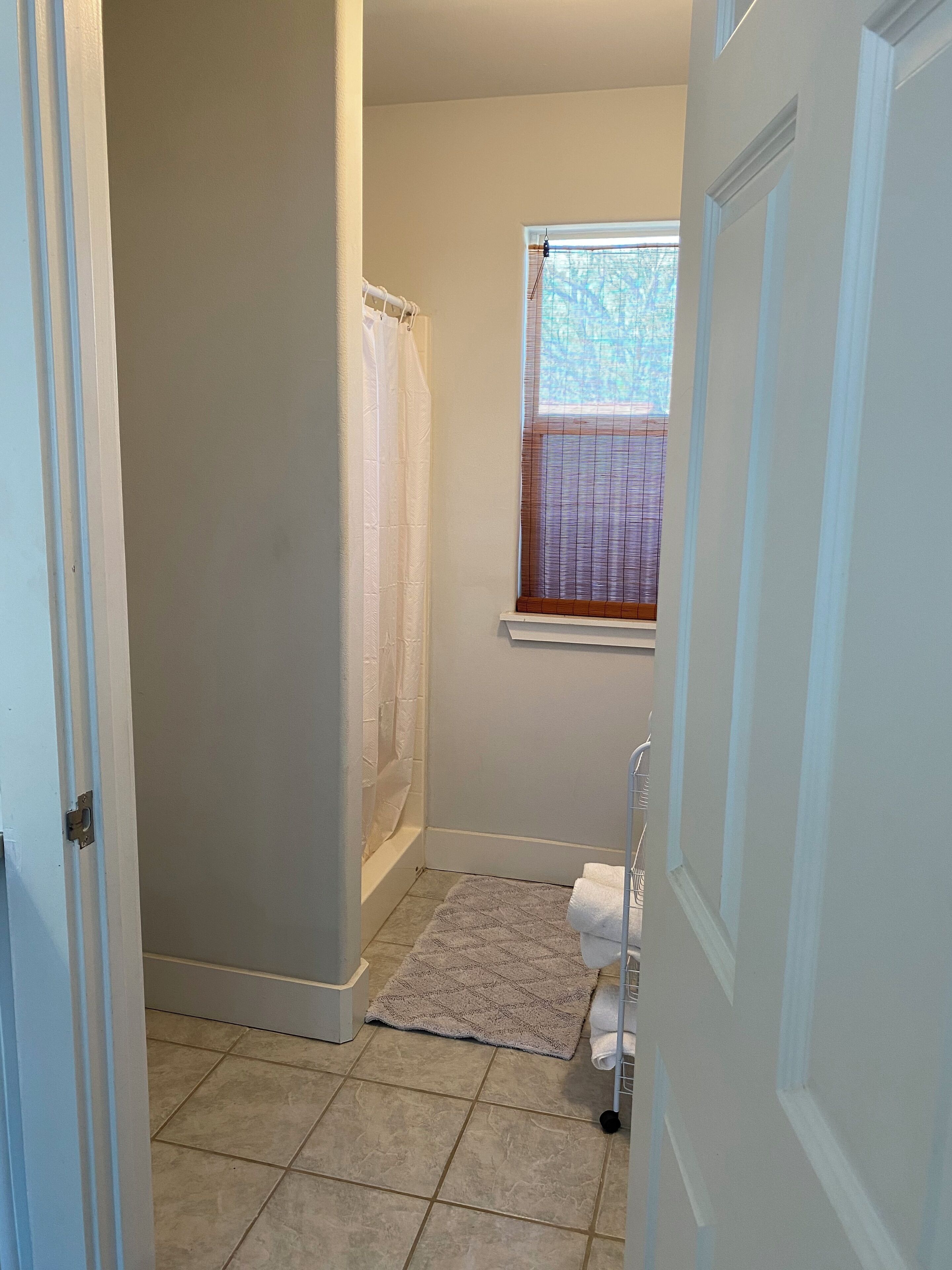A bathroom with a shower, a window, and a towel rack.