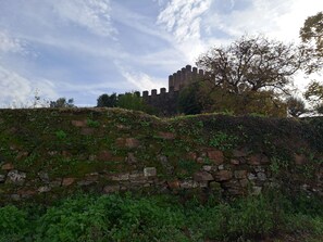 A stone wall with vegetation, a tree, and a castle in the background. - Hotel Square (Serta)