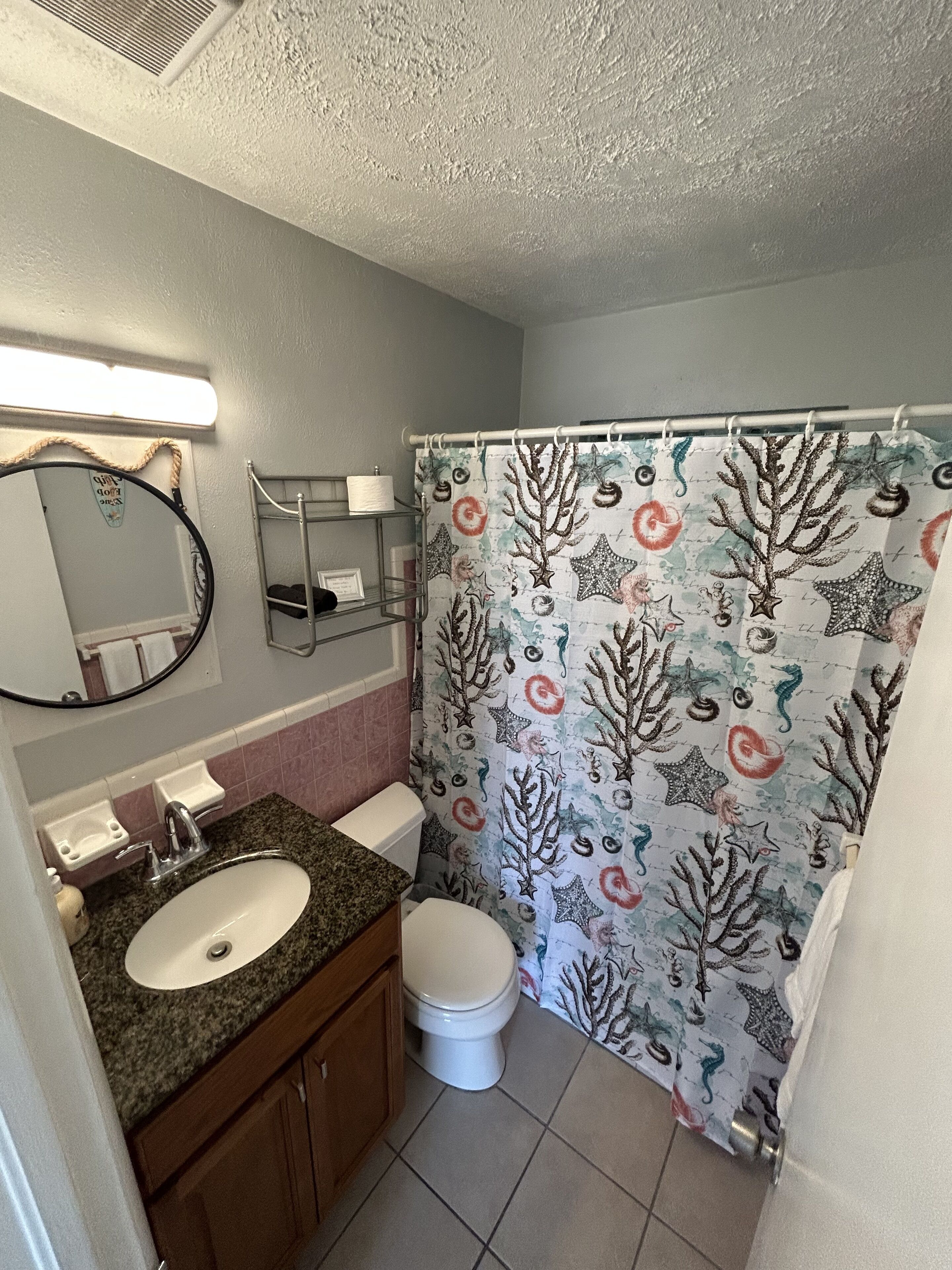 A bathroom with a sink, toilet, and shower curtain with a marine theme.