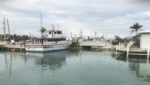 Un port de plaisance où un bateau blanc, baptisé « Sea King », est amarré à un quai.