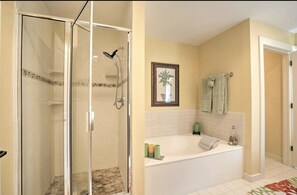 Combined shower/bathtub, jetted bath, hair dryer, towels