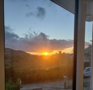 A sunset view through a window, with a road and vegetation in the foreground.