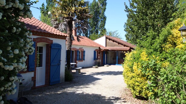 A courtyard with a gravel path, a palm tree, and a building with red-tiled roof and blue shutters. - A peaceful holiday 8 minutes from the beach (le perrier)