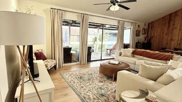 Smart TV, DVD player, video library, stereo
