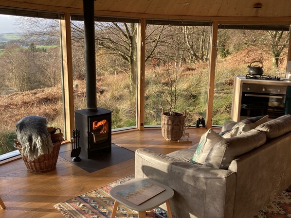 Una sala de estar acogedora con un ventanal grande, una chimenea, un sofá y una zona de cocina.