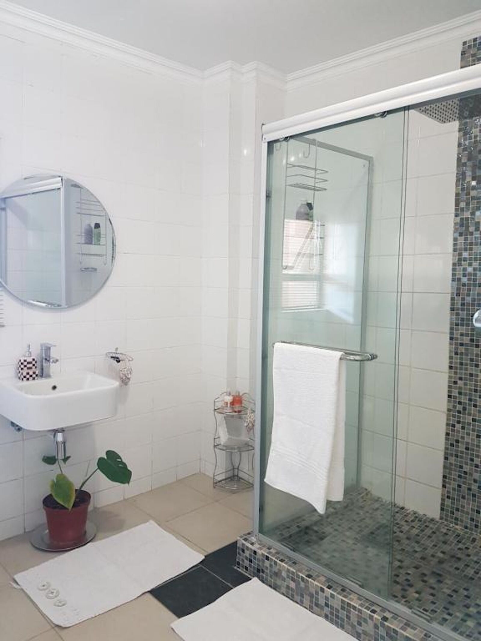 A modern bathroom with a glass shower enclosure, a white sink, and a mirror.