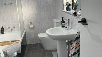 Combined shower/bathtub, hair dryer, towels, soap