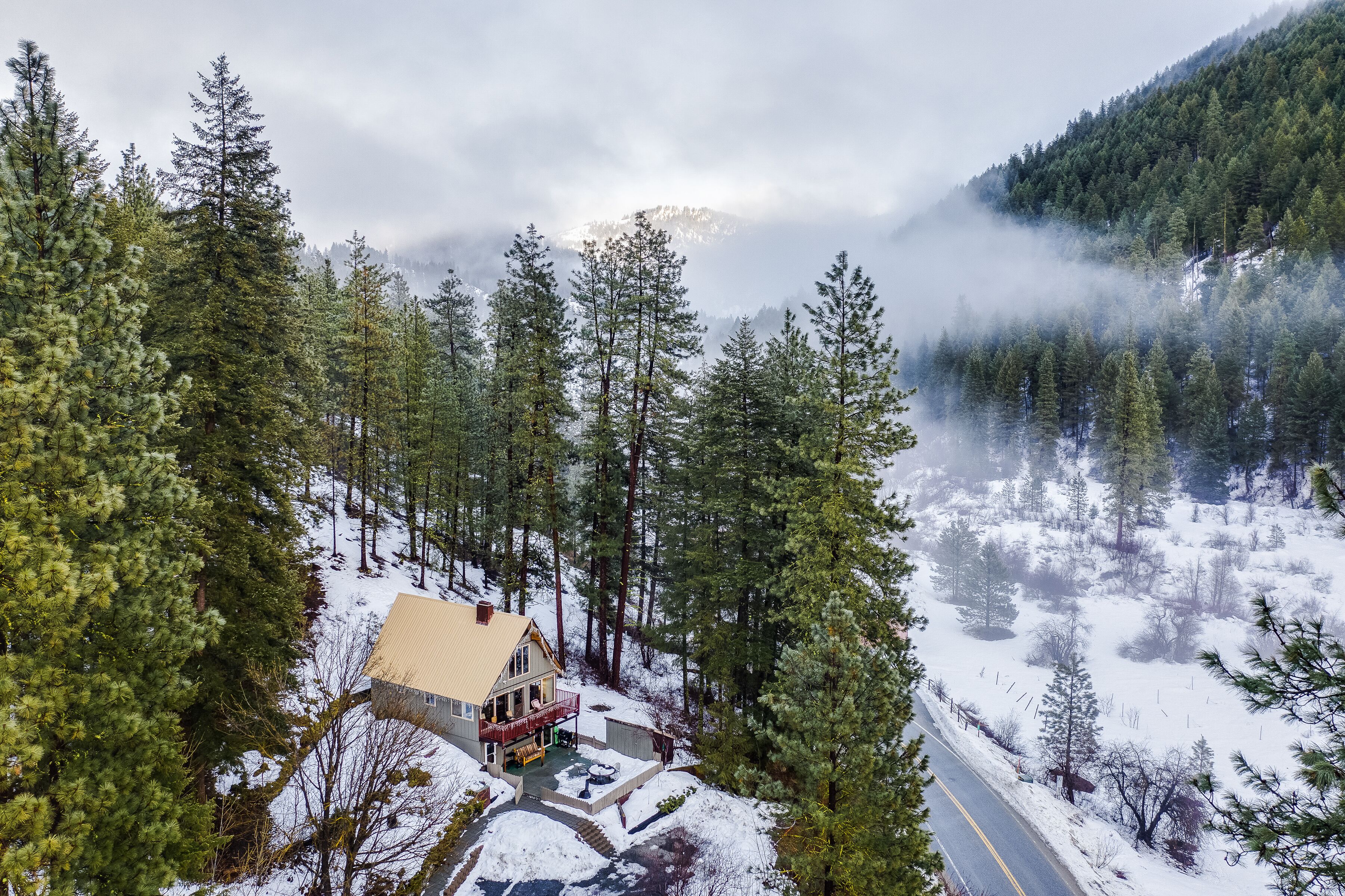 Une cabane entourée de grands arbres à feuilles persistantes, un paysage enneigé et une montagne en arrière-plan.