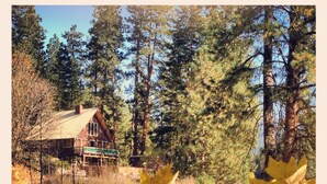 A cabin surrounded by tall trees and autumn leaves. - Leavenworth Cabin Close To Town And Jaw Dropping View! (Leavenworth)