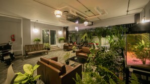 Un área de descanso moderna con sofás de cuero, una mesa de centro y plantas en macetas.