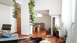 Ein modernes Wohnzimmer mit einer Couch, einem Teppich und hängenden Pflanzen.