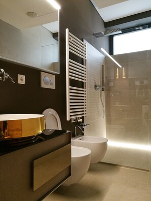 Douche, sèche-cheveux, chaussons, bidet