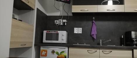 Fridge, microwave, stovetop, coffee/tea maker