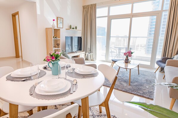 Apartment, 2 Bedrooms, Marina View (2703) | Living area | LCD TV - Luton Vacation Homes Continental Tower (Dubai)