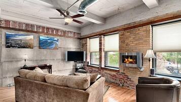 TV, fireplace, DVD player, foosball