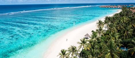 A beach resort with a white sandy shore, clear turquoise waters, and lush palm trees.