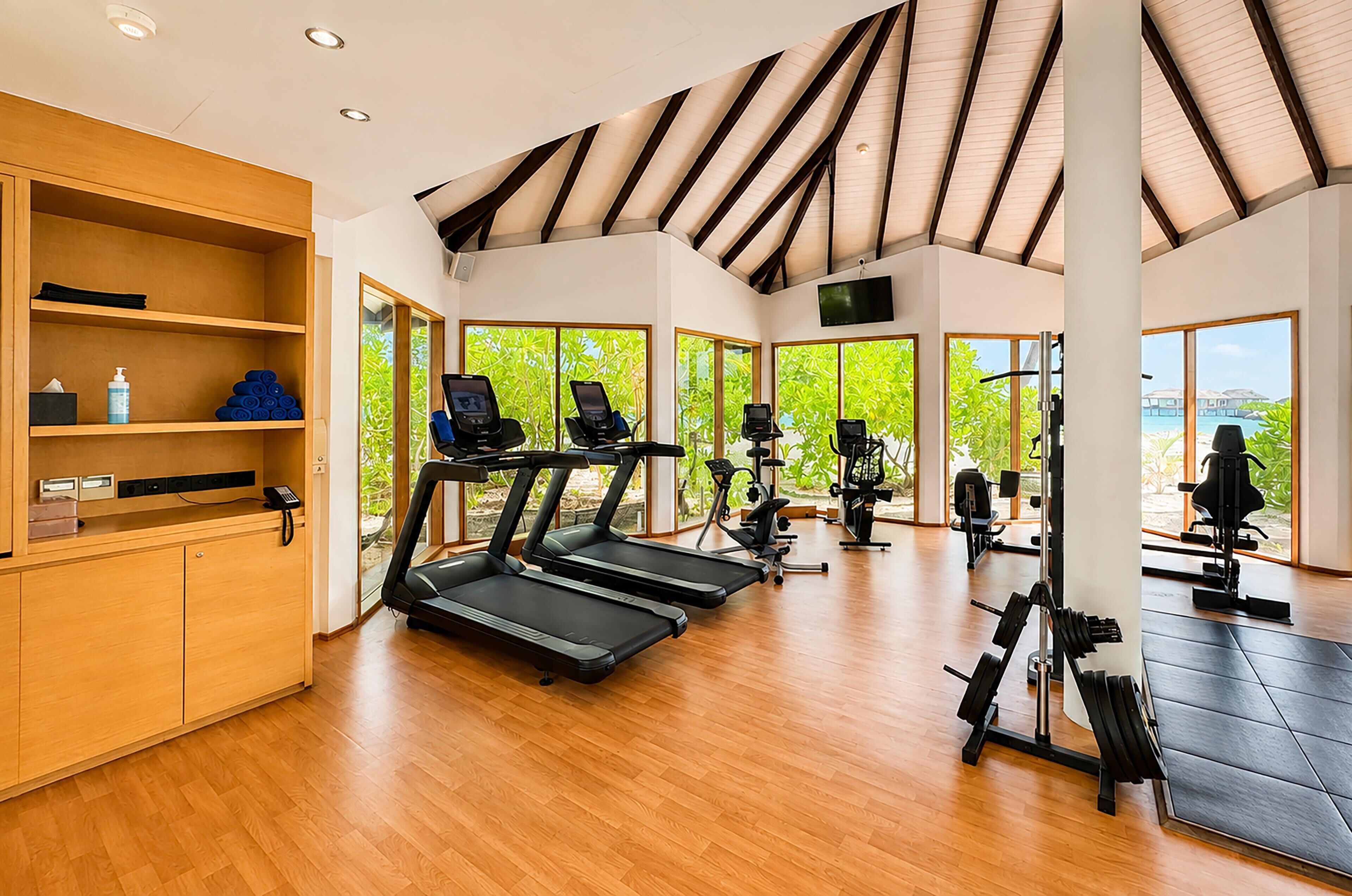 A modern gym with treadmills, exercise bikes, and weight machines.