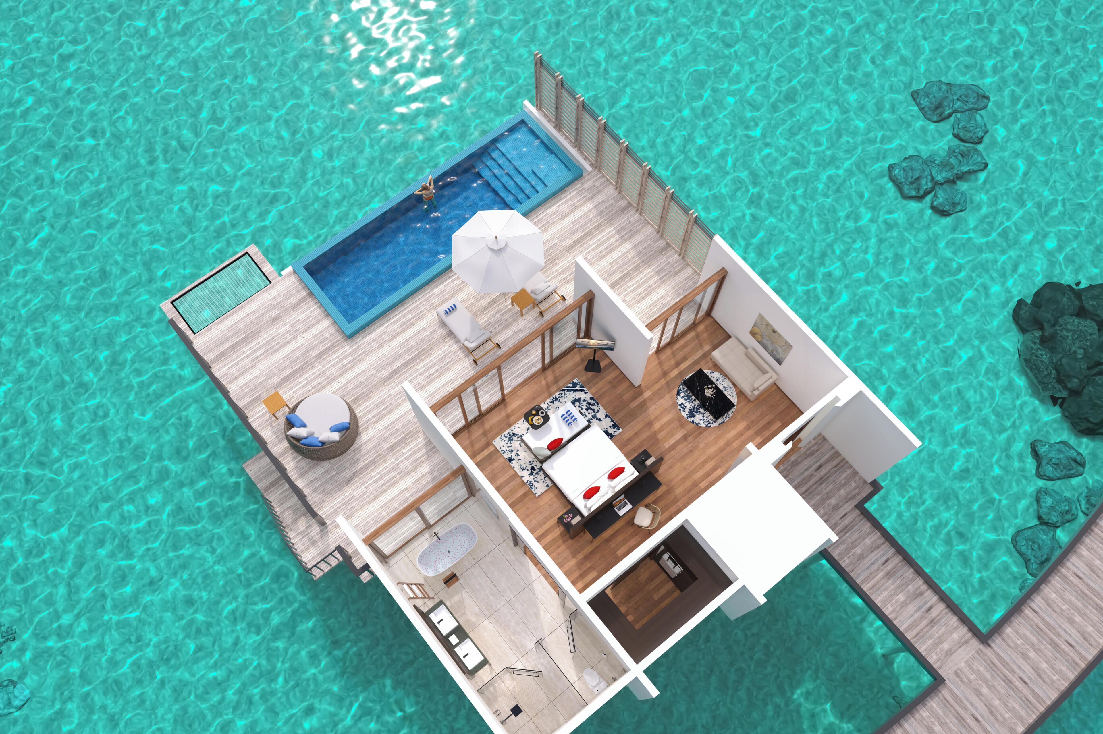 Villa, eigener Pool, auf dem Wassser (50% off transfers for 3nights & above) | Bettwäsche aus ägyptischer Baumwolle, hochwertige Bettwaren, Minibar