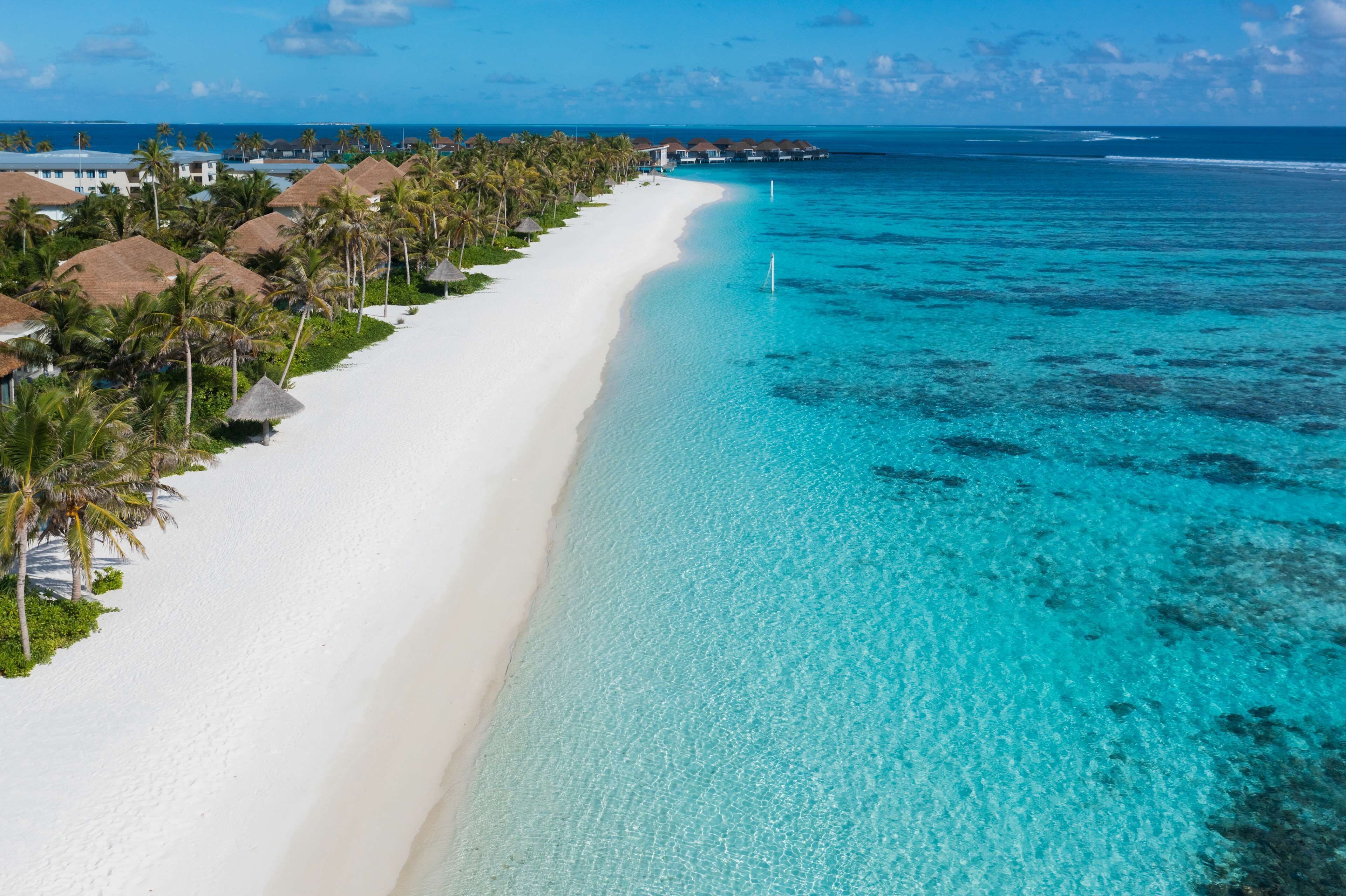 Un complexe hôtelier de bord de mer avec du sable blanc, une eau turquoise cristalline et des palmiers.