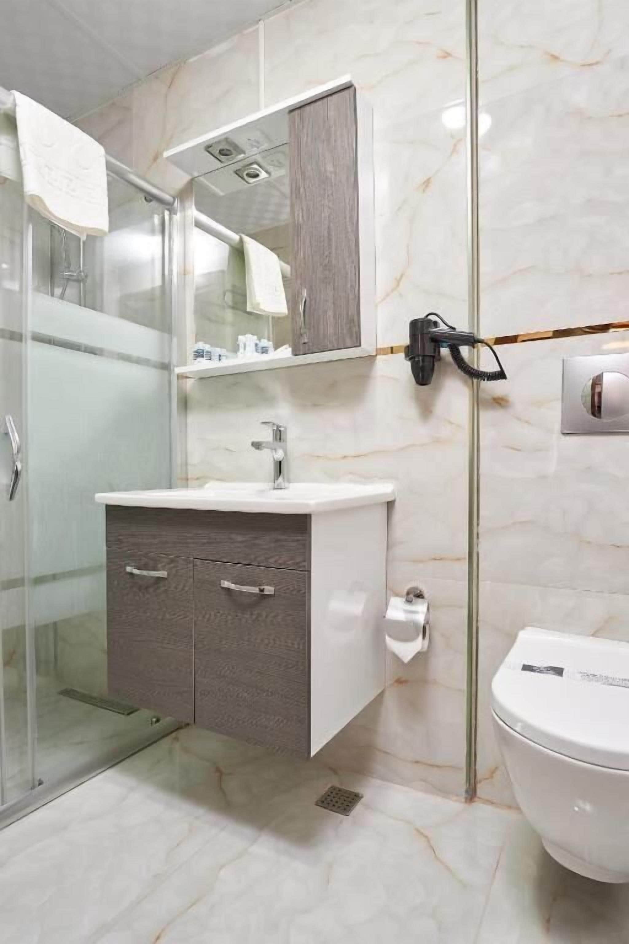 Een moderne badkamer met een glazen douchecabine, een wastafel met spiegel en een toilet.