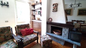 A living room with a fireplace, a sofa, a television, and a bookshelf. - MEADOWS Apartment (Ponte di Legno)