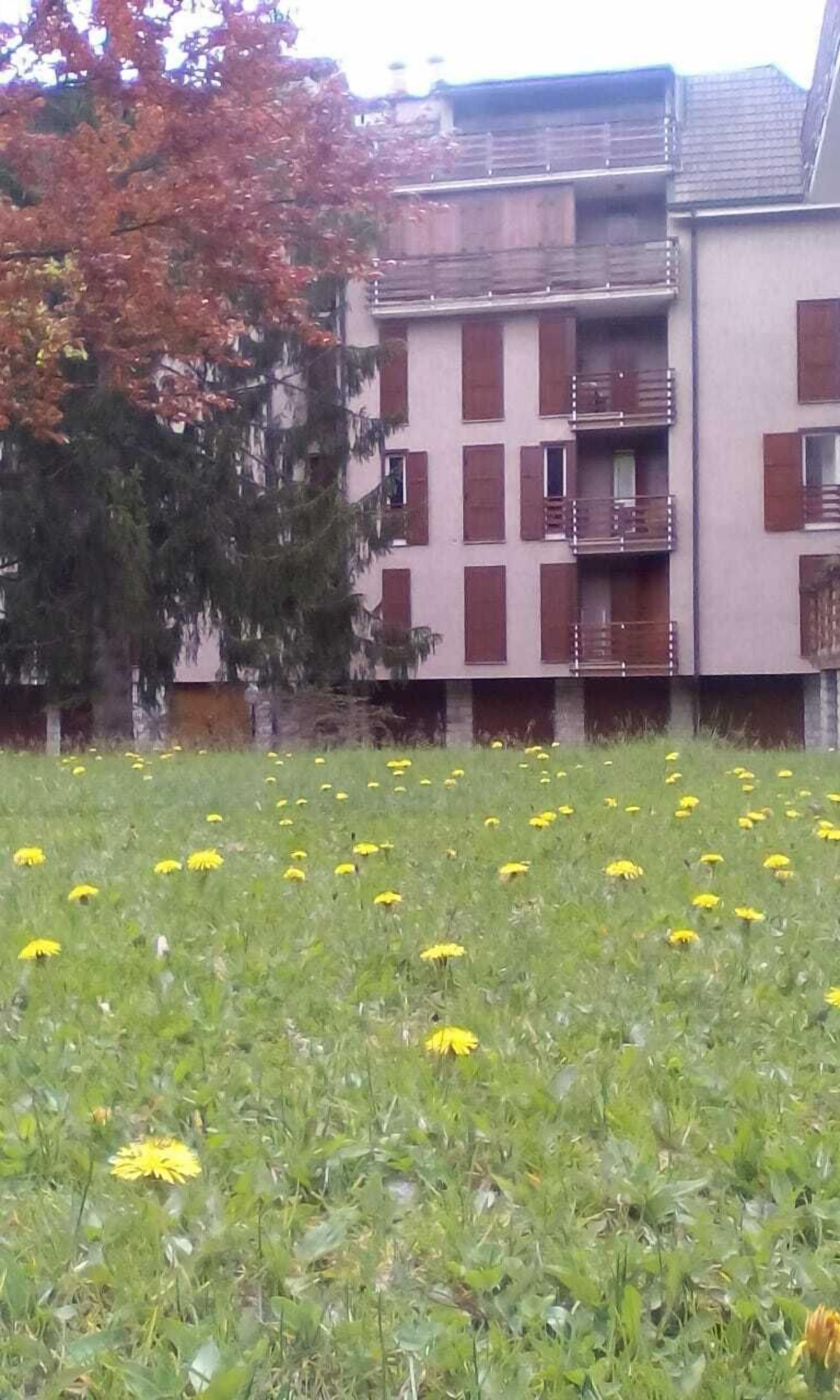 Un immeuble doté de nombreux balcons et d’un espace verdoyant agrémenté de fleurs jaunes à l’avant.