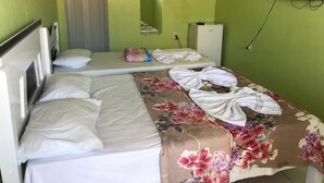 Una habitación con dos camas, un espejo, un refrigerador pequeño y un televisor instalado en la pared.