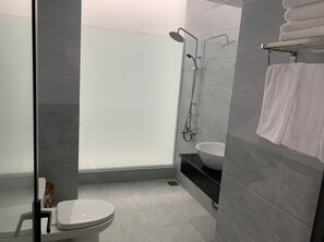 A modern bathroom with a toilet, a shower, and a sink.