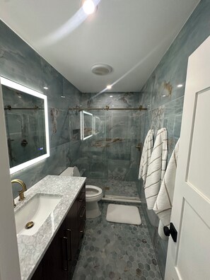 Combined shower/tub, hair dryer, towels, soap