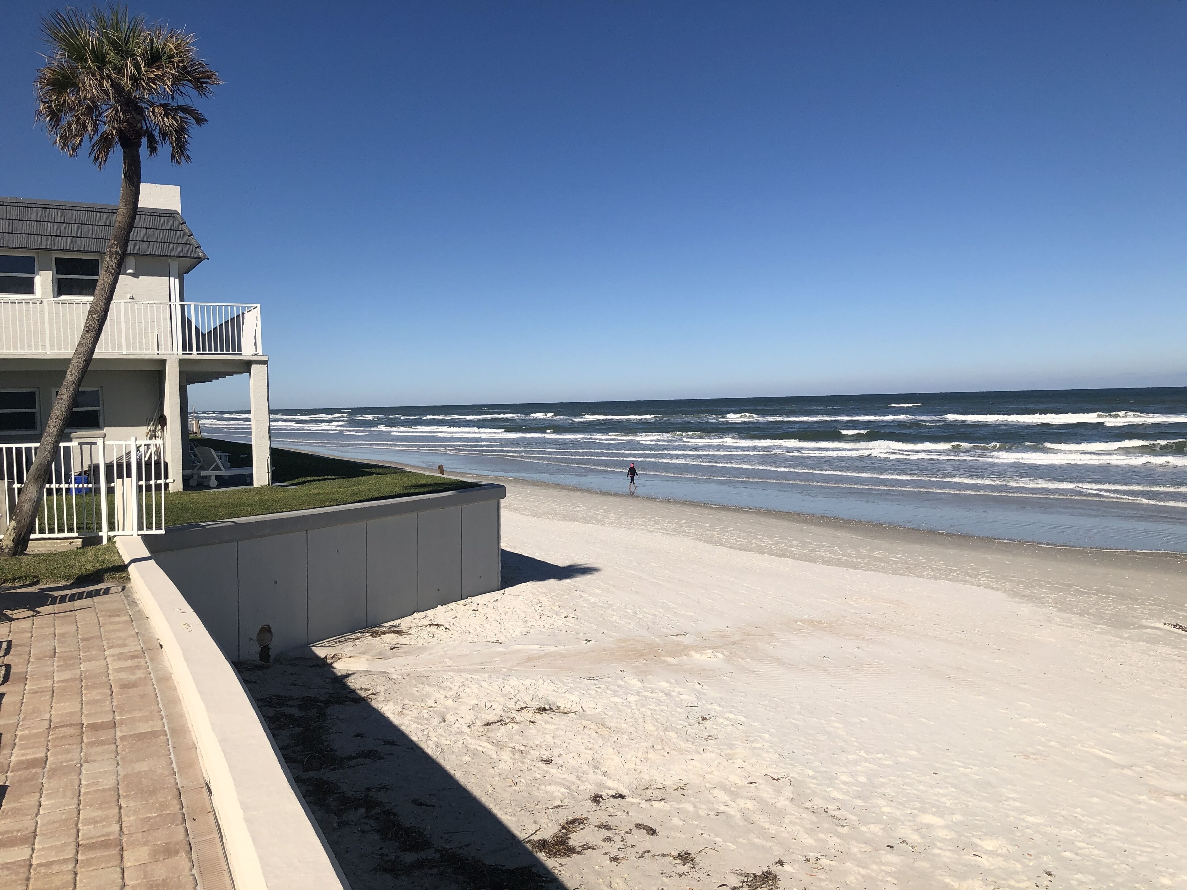 Une propriété située en bord de mer, dotée d’un balcon avec vue sur l’océan, un palmier et une plage de sable.