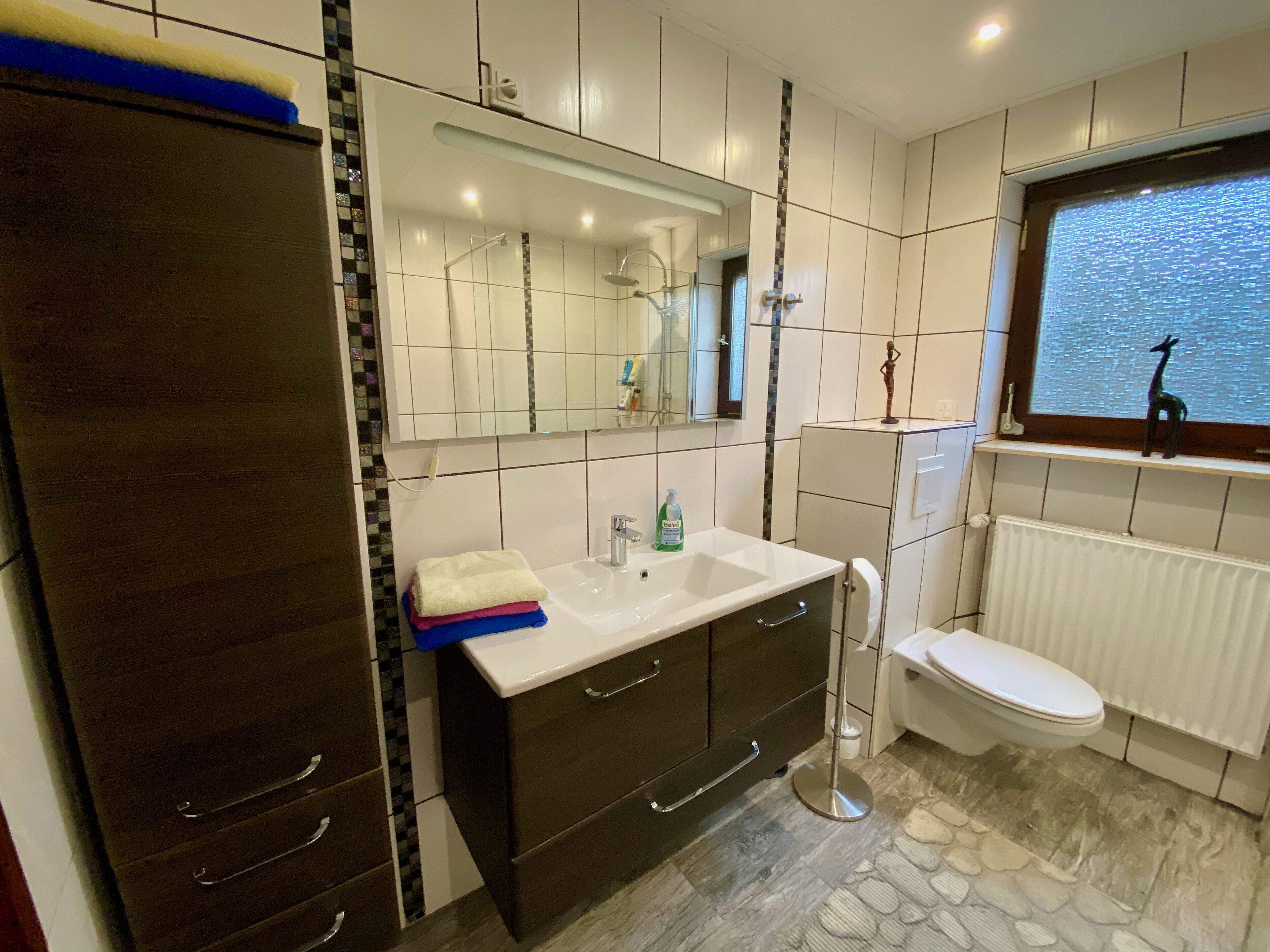 Chuveiro, secador de cabelo, toalhas de banho, sabonete