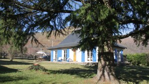 A house with a blue and white exterior, surrounded by a grassy yard and a large tree.