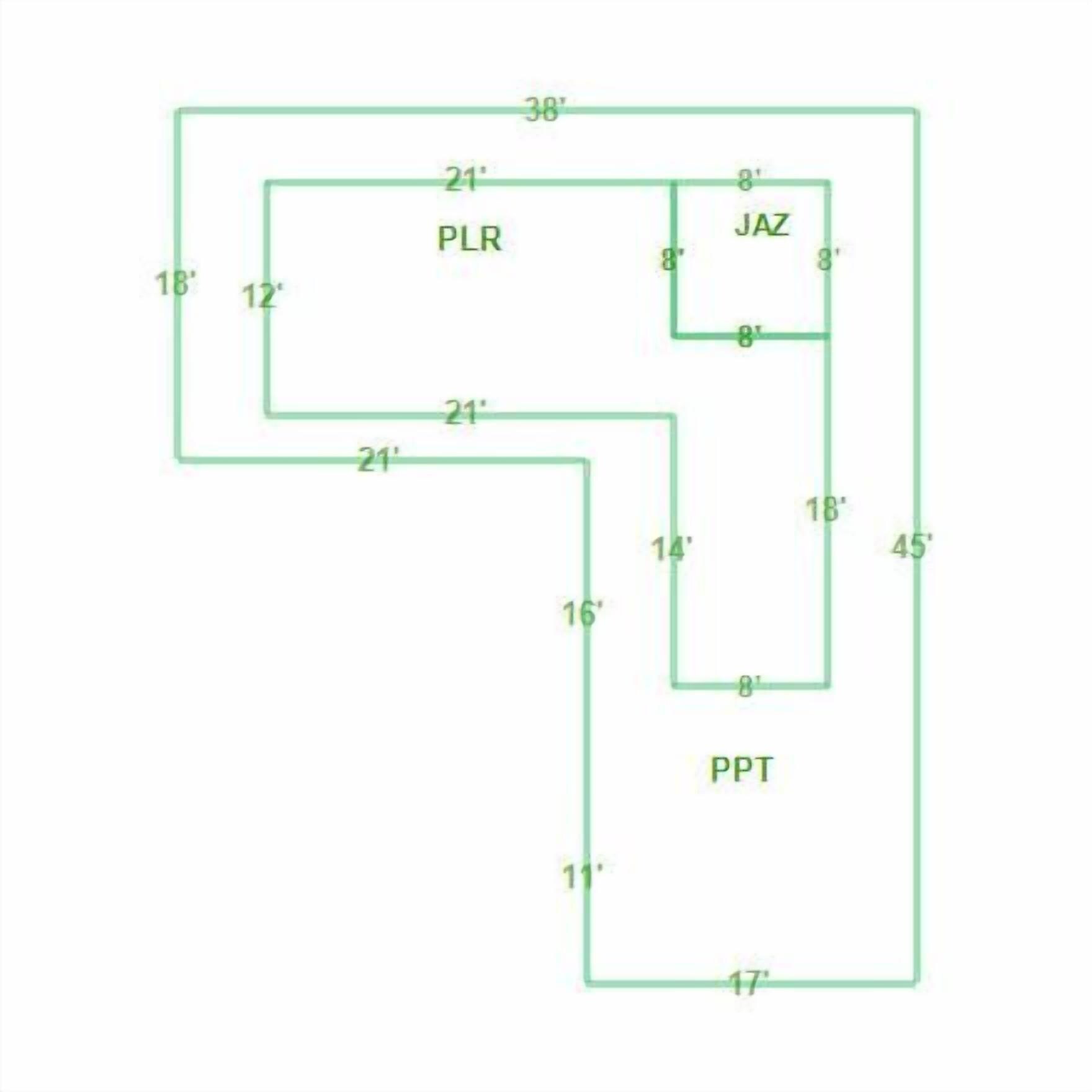 Un plan d’étage indiquant les pièces désignées par les abréviations PLR, JAZ et PPT, chacune avec des dimensions précises.