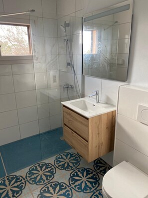 Shower, hair dryer, towels, toilet paper