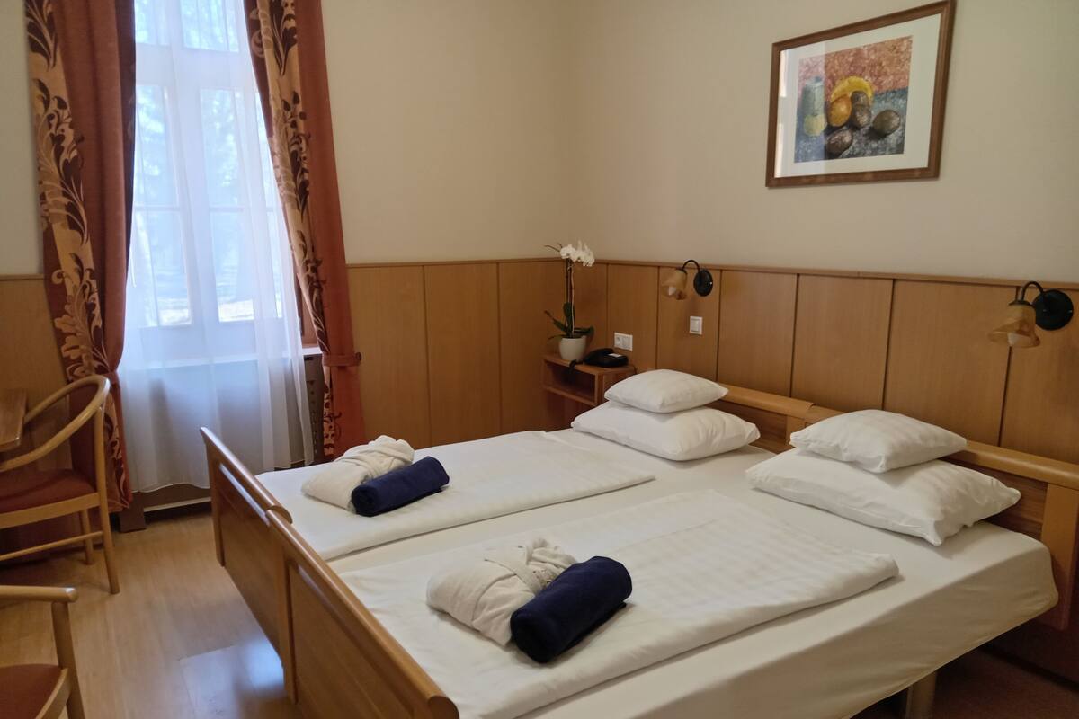 A hotel room with a wooden bed, white linens, and a single potted plant.