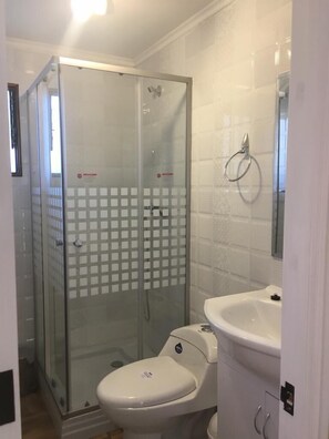 Secadora de cabello, toallas, jabón, papel de baño 