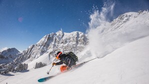 A skier in motion on a snowy slope with a mountainous backdrop. - Stylish A-Frame (Eden)