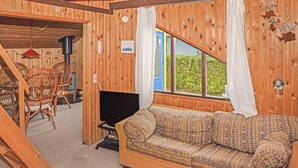 Un intérieur chaleureux en bois, avec un canapé, des fauteuils, un t éléviseur et une fenêtre agrémentée de rideaux.
