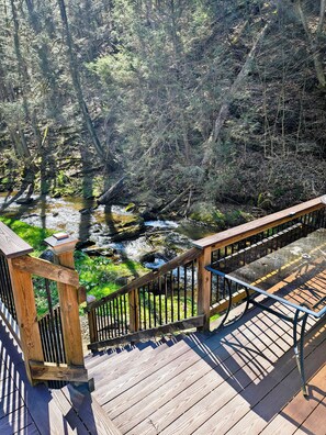Une terrasse en bois dotée d’une rambarde, qui offre une vue sur une zone boisée traversée par un ruisseau.