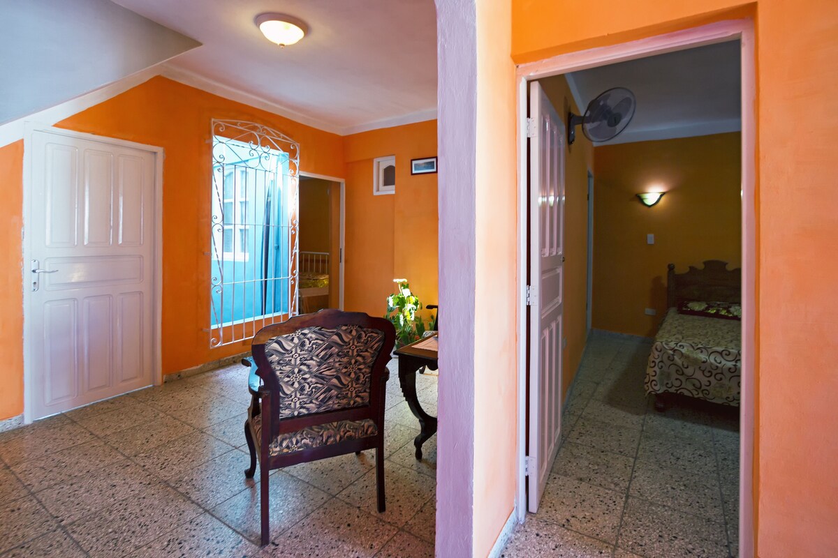 A room with orange walls, a white door, a patterned chair, a table with a lamp, and a bed with a patterned bedspread.