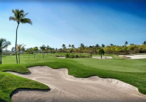 Enjoy a round of golf on this well-maintained course with lush green areas, sand bunkers, and palm trees.